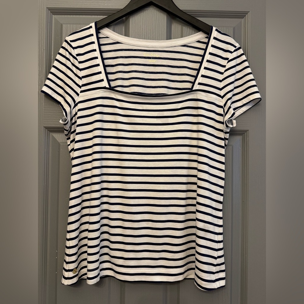 Lilly Pulitzer White and Navy Blue Stripe Short Sleeve Tee